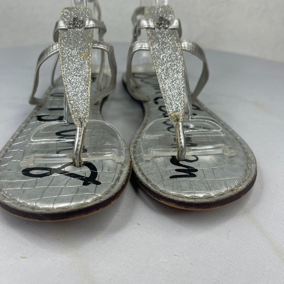 SAM EDLEMAN Womens Gigi Silver Shimmer Metallic Leather Thong Sandal Ankle Strap - Picture 3 of 10